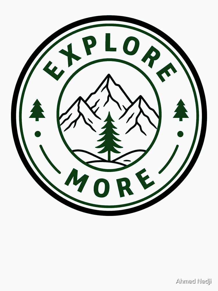 EXPLORE MORE Outdoor Adventure Badge | Minimalist Mountain Tree Design by Ahmed Nedji