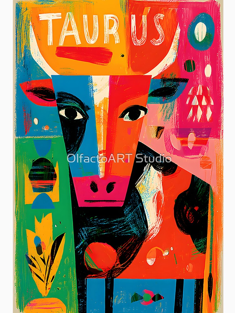 Taurus Zodiac Symbol with Bold Geometric Design and Vibrant Contemporary Astrology Wall Decor by OlfactoART Studio