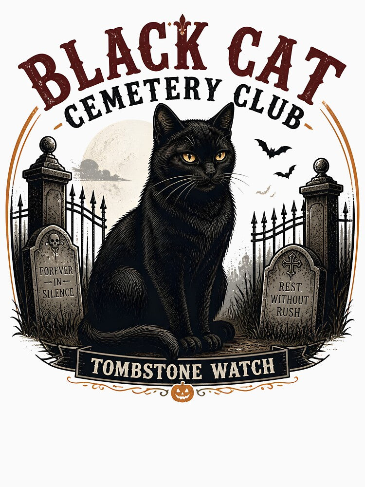 BLACK CAT CEMETERY CLUB Tombstone Watch Halloween Vintage Screen Print by BernoNickel