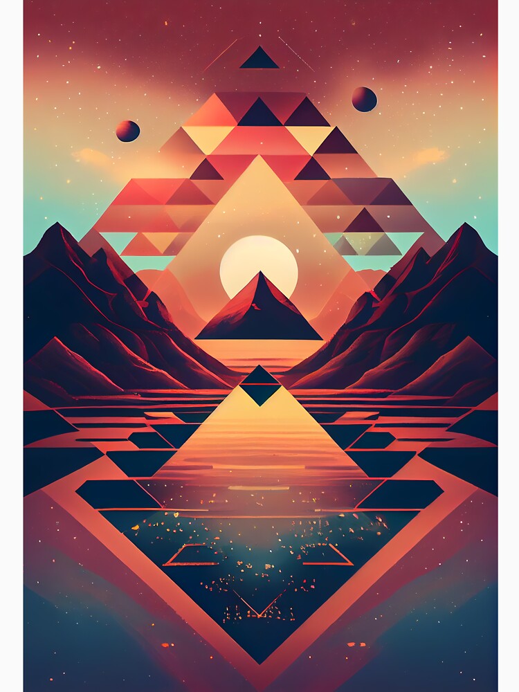 'Golden Geometric Pyramid Sun' Abstract Psychedelic Digital Painting by ga-arts