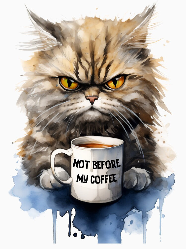 Not Before My Coffee Angry Morning Cat Grumpy Coffee-Drinker Watercolor by Alcyonian
