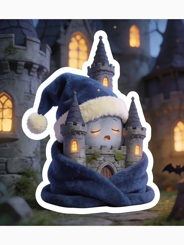 Sleepy Haunted Castle Wrapped in Cozy Blanket Halloween Sticker by OksArtStudio