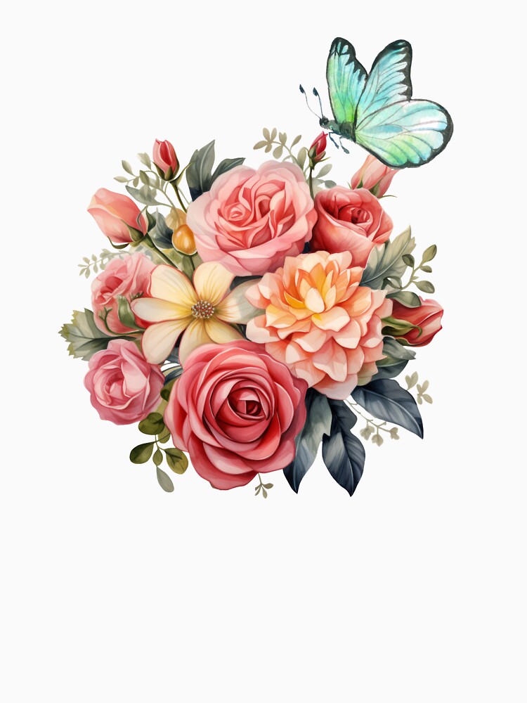 Vintage Watercolor Floral Bouquet Pink Roses and Aesthetic Butterfly by vibecraft_studio2