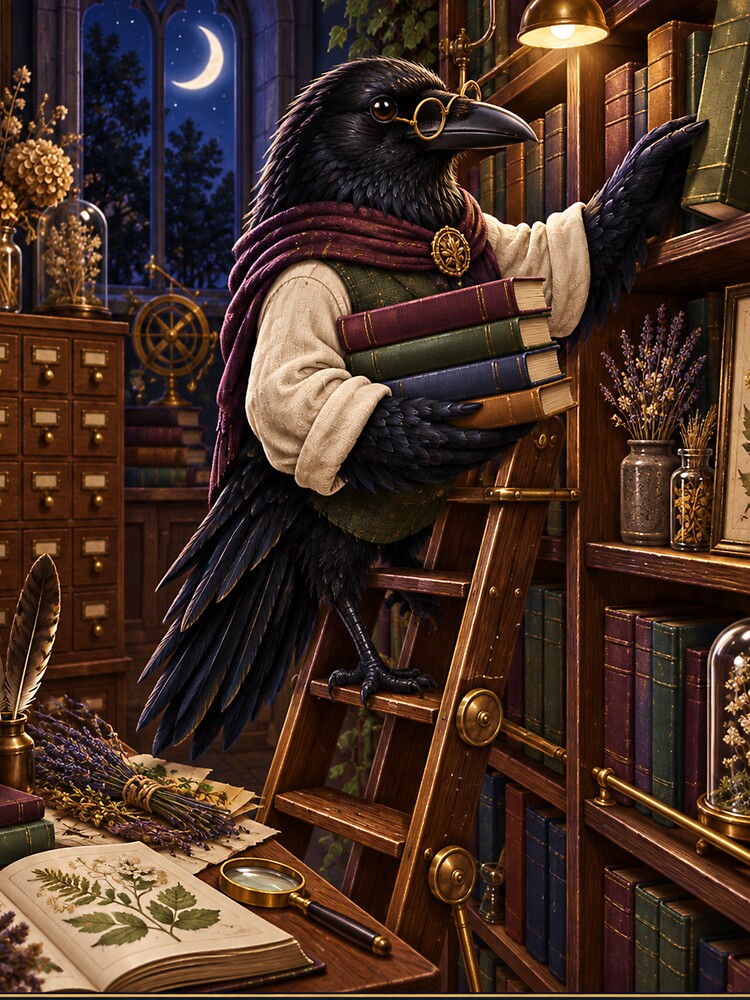 Crow Night Librarian Shelving Botanical Field Guides by Danioss