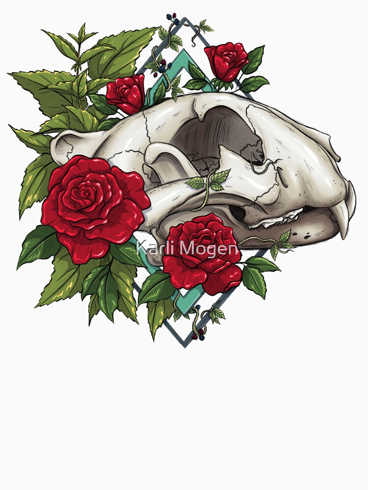 This Rose Has Thorns | Tiger Skull Design | Skull and Botanicals Illustration by Karli Mogen