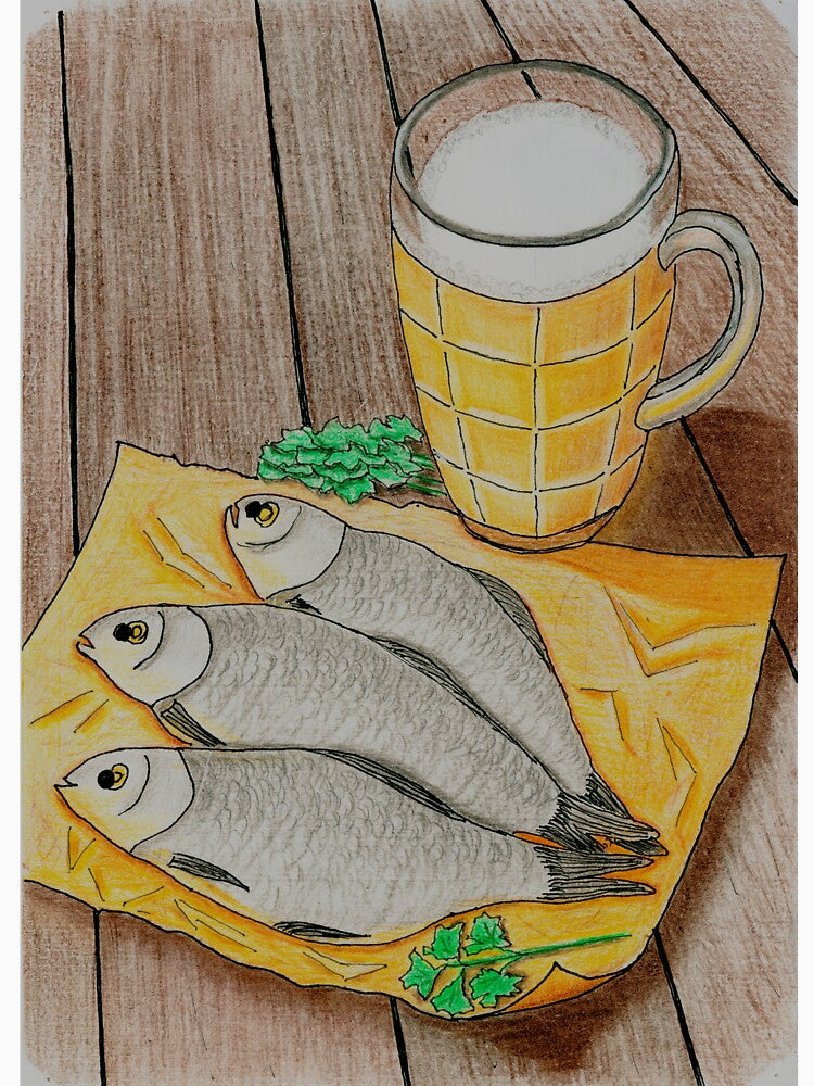 Beer and Dried Fish - Traditional Snack Watercolor Illustration by Ihor Ivanov