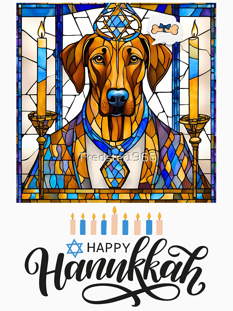 Happy Hanukkah Rhodesian Ridgeback Dreaming of Gifts – Stained Glass Menorah Art by Fredster1966