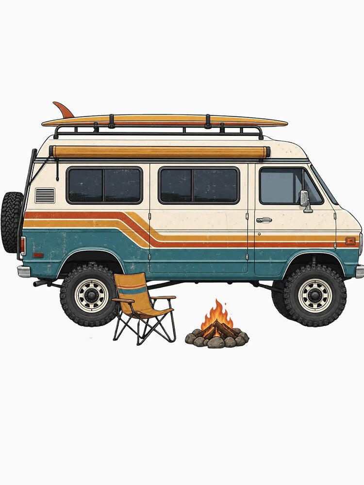 Retro Side Profile 4x4 Camper Van Beach Campfire by Retro Surf & Roam