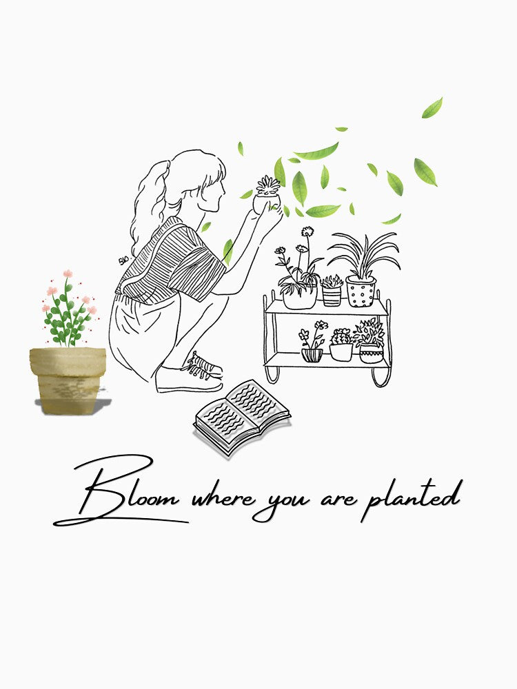 Bloom Where You Are Planted – Cozy Plant Lover & Reader Art- Nature lover Line Art by EarthScience