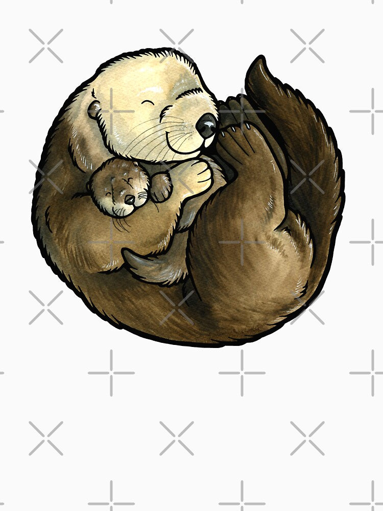 Sea otter and baby by animalartbyjess
