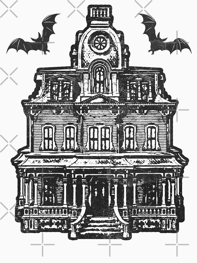 Haunted Victorian Mansion Bats Gothic House Woodcut by Ghoul Enterprises