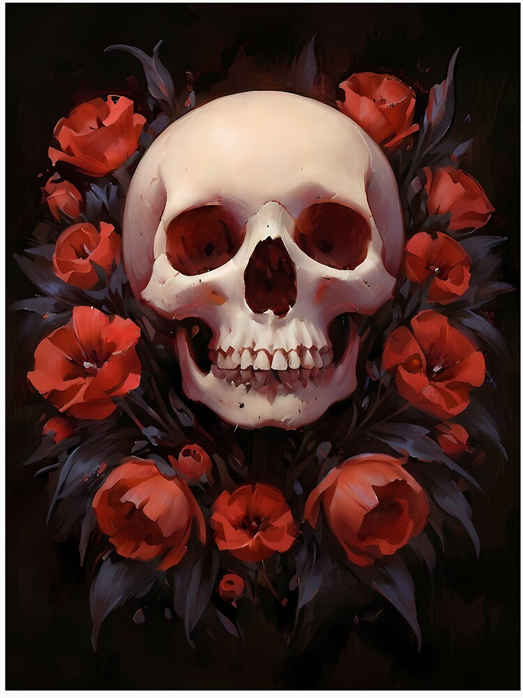 Skull and red wild flowers - gothic floral dark goth girly skeleton creepy feminine nature and death dead for girls oil painting by Fantasy Cache