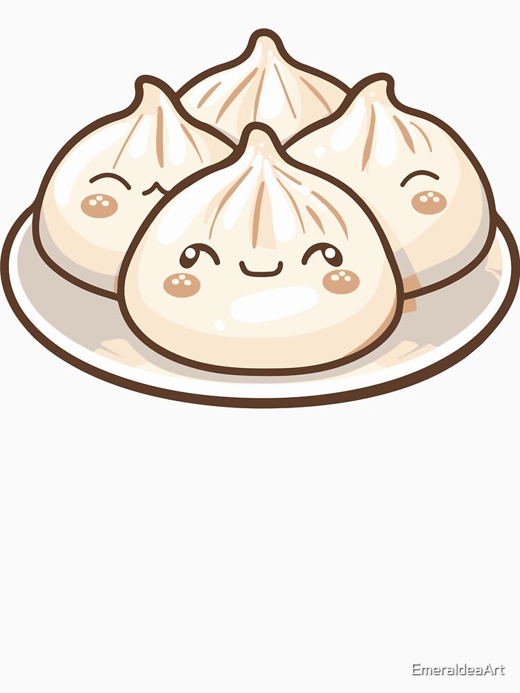 Four Adorable Kawaii Dumplings on a Plate – Cute Beige Food Illustration by EmeraldeaArt