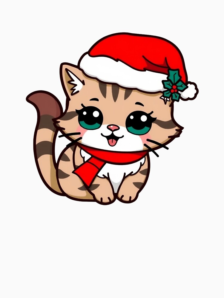 Cute Christmas Tabby Cat in Santa Hat and Red Scarf by AnimalMenagerie