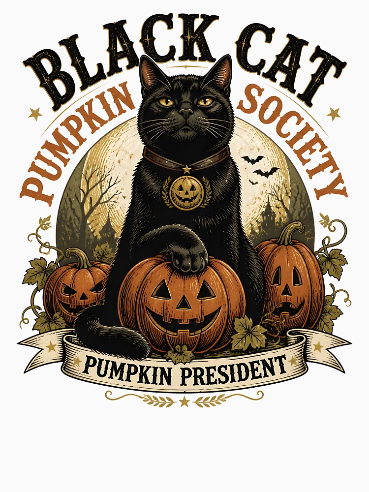 BLACK CAT PUMPKIN SOCIETY Pumpkin President Halloween Vintage Screen Print by OliviaHayesArt