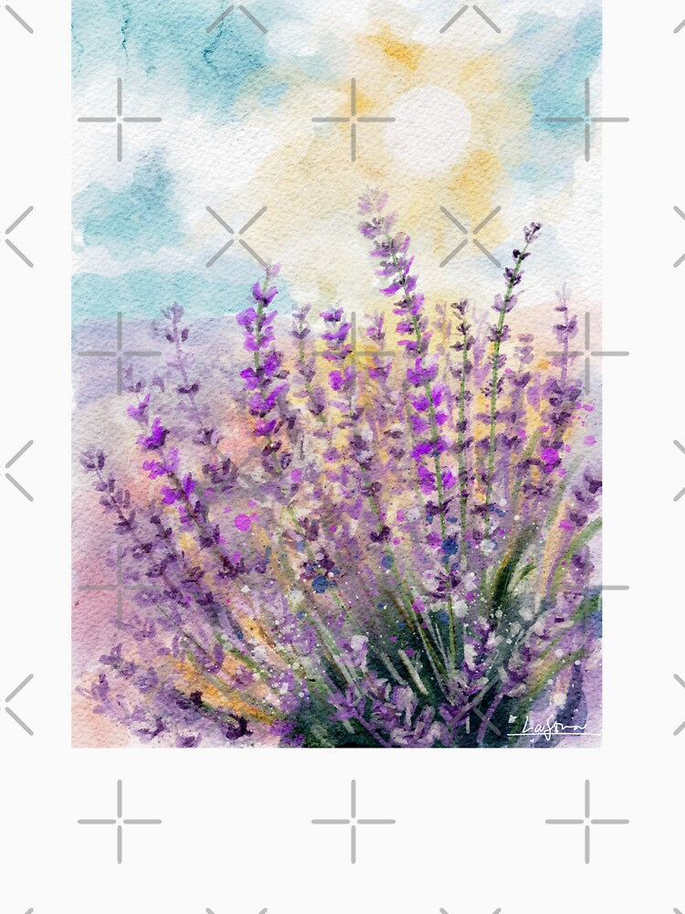 Watercolor Lavender Field Sunlit Botanical Art by LafinaArt