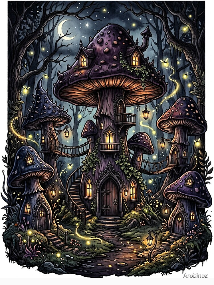 Dark Cottagecore Gothic Mushrooms Moonlight Fireflies by Arobinoz