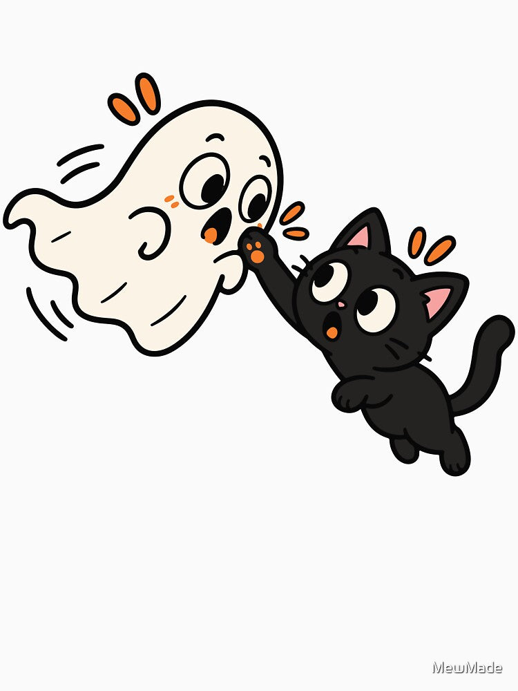 Black Cat Playing with a Ghost – Cute Halloween Cat by MewMade