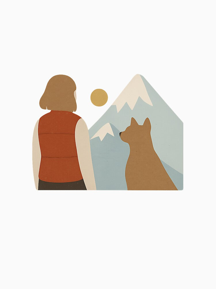 Woman and Dog Looking at Mountains Illustration by Wandertrace