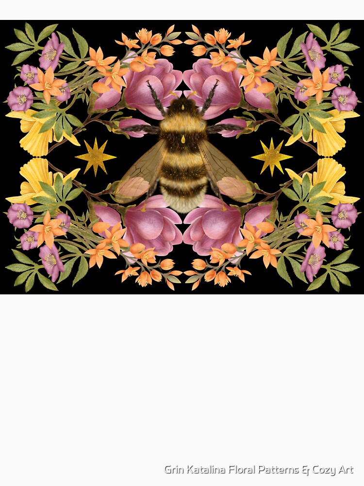 Golden Bumblebee Illustration With Botanical Floral Wreath by Grin Katalina Floral Patterns & Cozy Art
