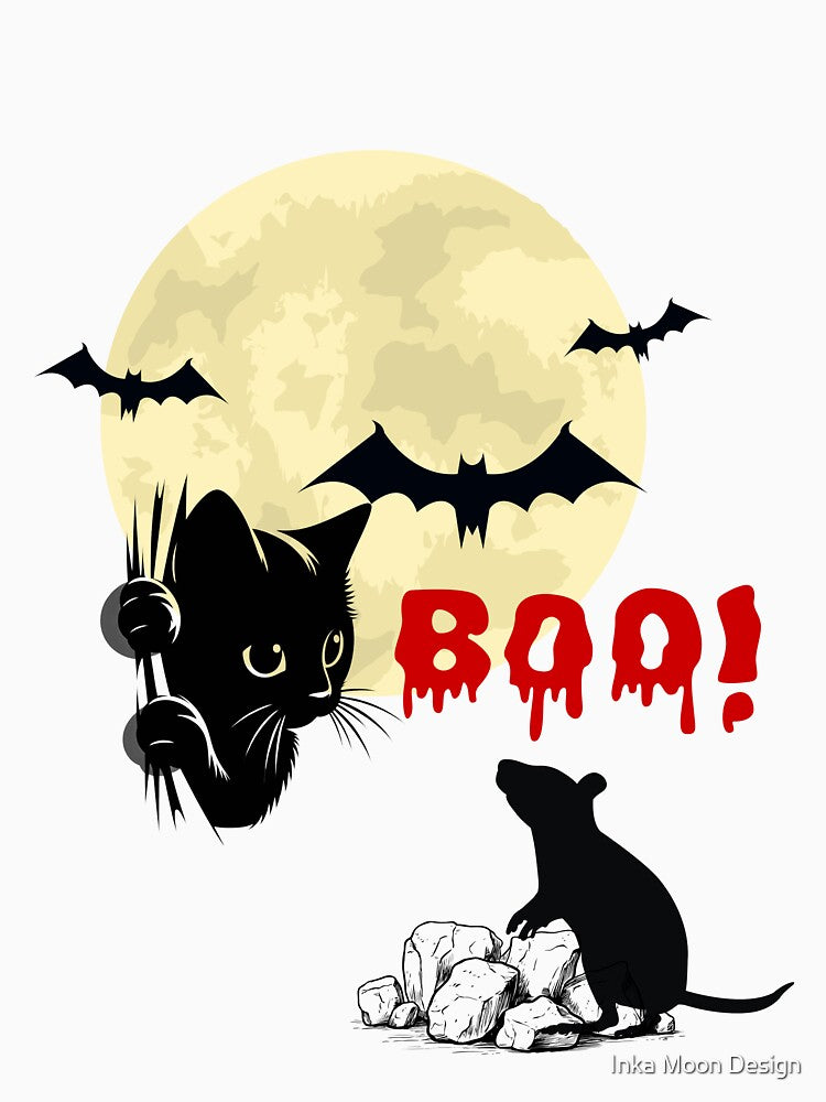 Spooky Black Cat Moon Boo Halloween Silhouette by Inka Moon Design
