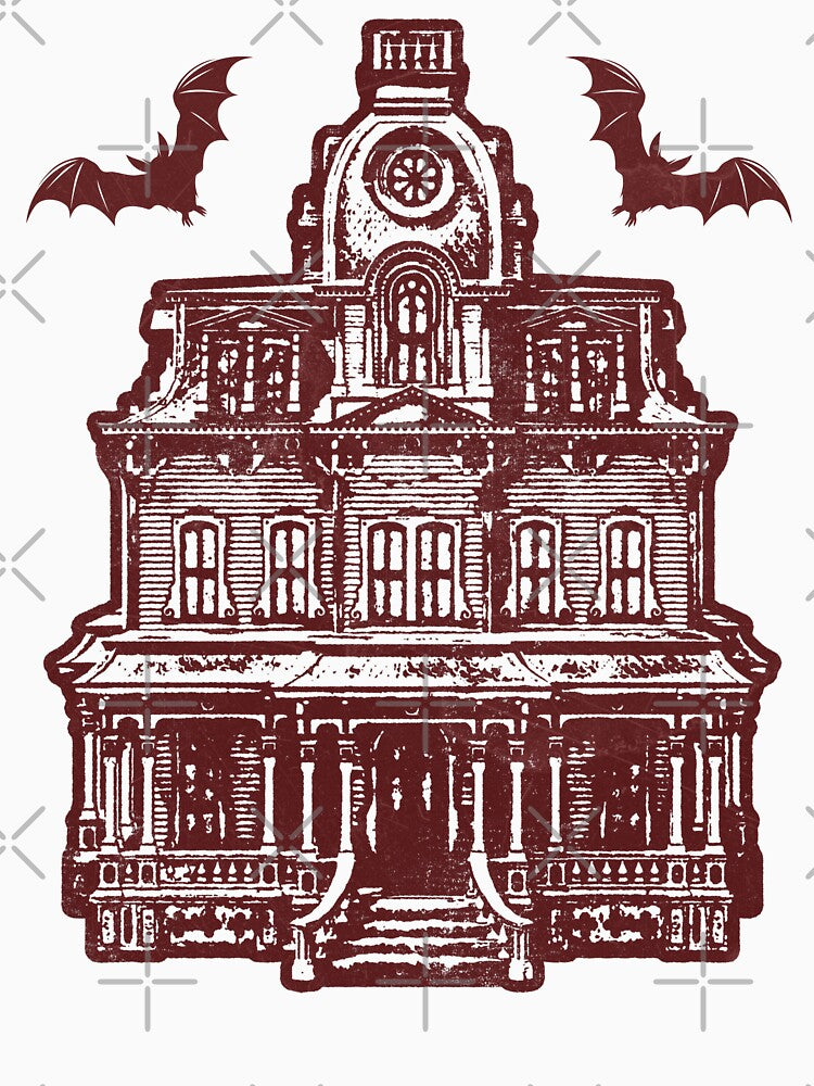 Haunted Victorian Mansion Bats Gothic House Woodcut Red by Ghoul Enterprises