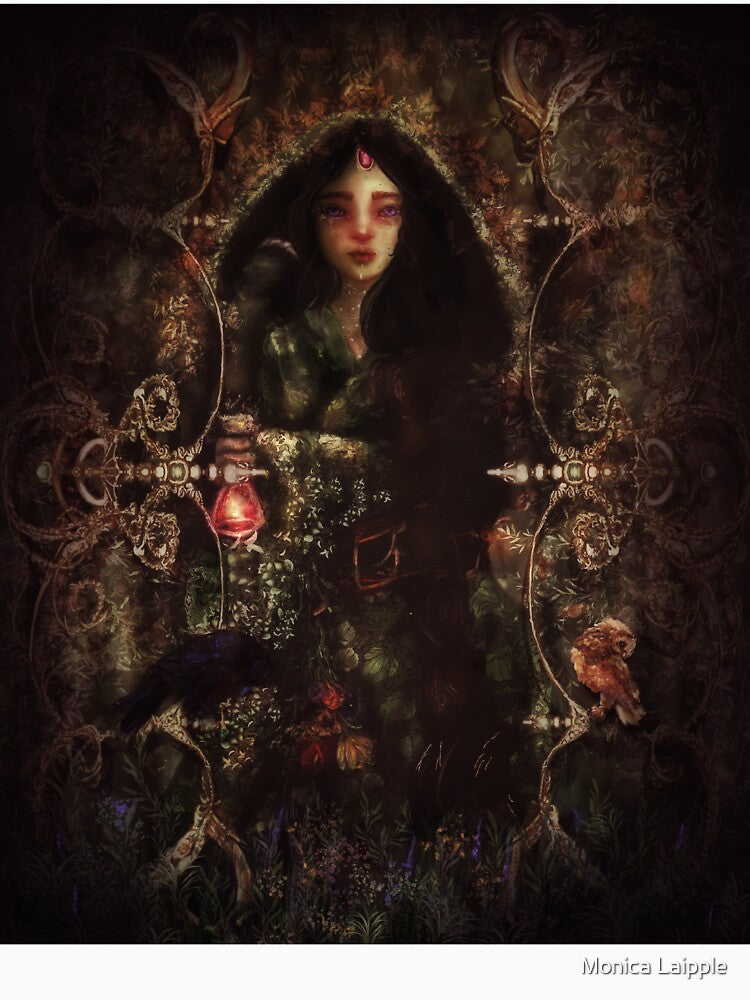 The Gathering: Forest Sorceress Gathers Wild Flowers With Raven and Owl by Monica Laipple