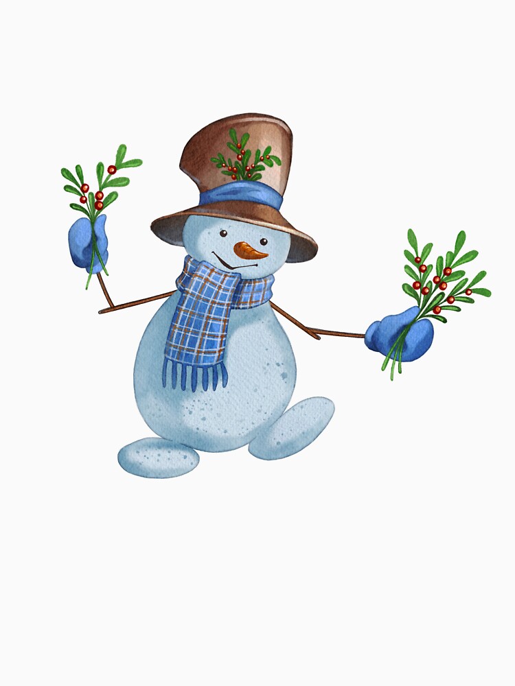 Christmas Snowman Holding an Evergreen Branch – Winter Holiday Illustration by Ms. Iryna