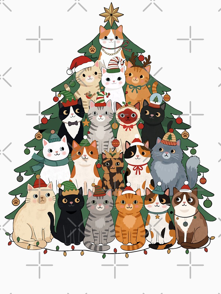 Christmas Cat Tree Full of Festive Feline Friends by FreshVibe Prints