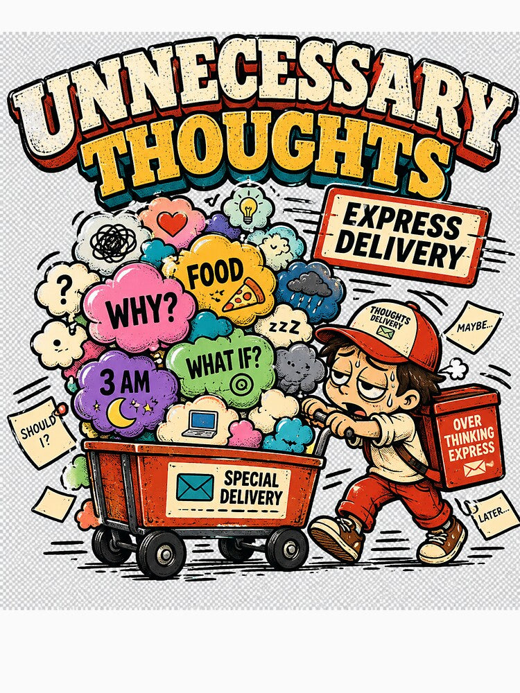 Unnecessary Thoughts Express Delivery – Funny Overthinking Cartoon by NarpLTD