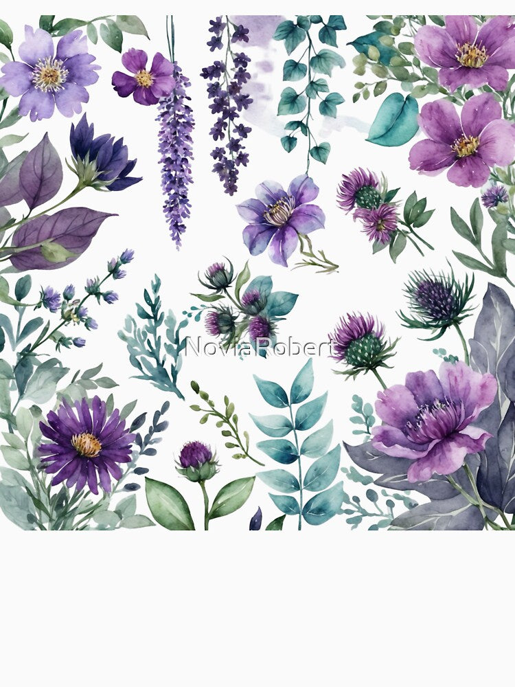 Purple & Teal Watercolor Wildflowers Pattern | Elegant Floral Botanical Design | Cottagecore Garden Aesthetic by NoviaRobert
