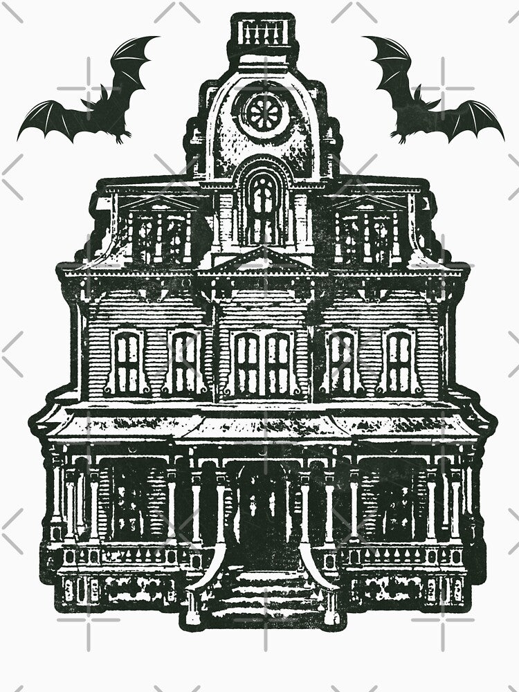 Haunted Victorian Mansion Bats Gothic House Woodcut Green by Ghoul Enterprises