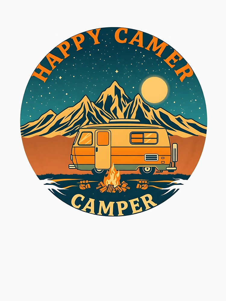 Happy Camper Retro Mountain Camping Van & Campfire Sunset by Countryfied