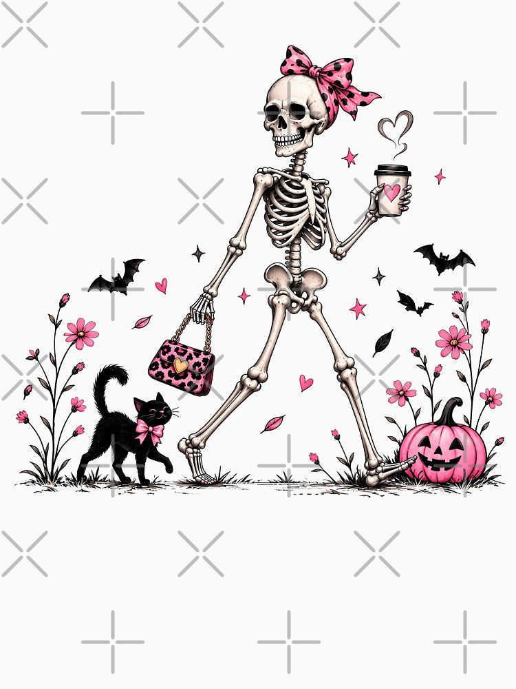 Pink Halloween Skeleton Coffee Girl With Black Cat & Pumpkin by RaspberryParty