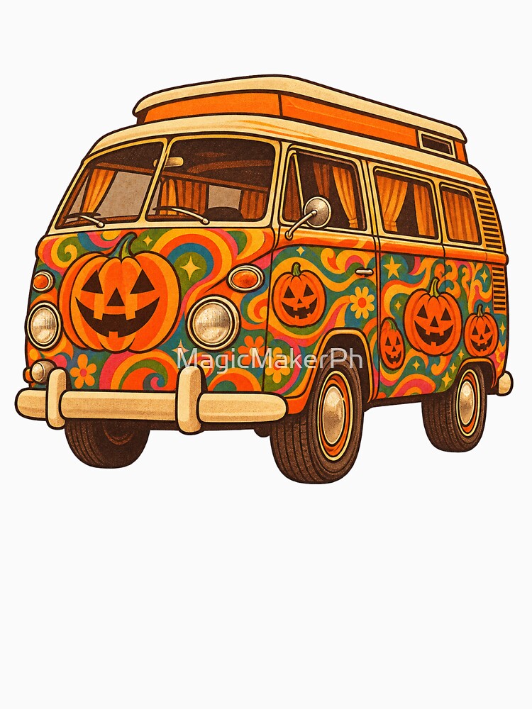 Retro 1970s Psychedelic Jack-o-Lantern Camper Van Halloween Print by MagicMakerPh