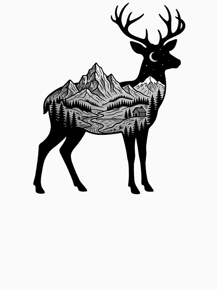 Deer Mountain Negative Space Line Starry Art Boho Style by Yellowriversss