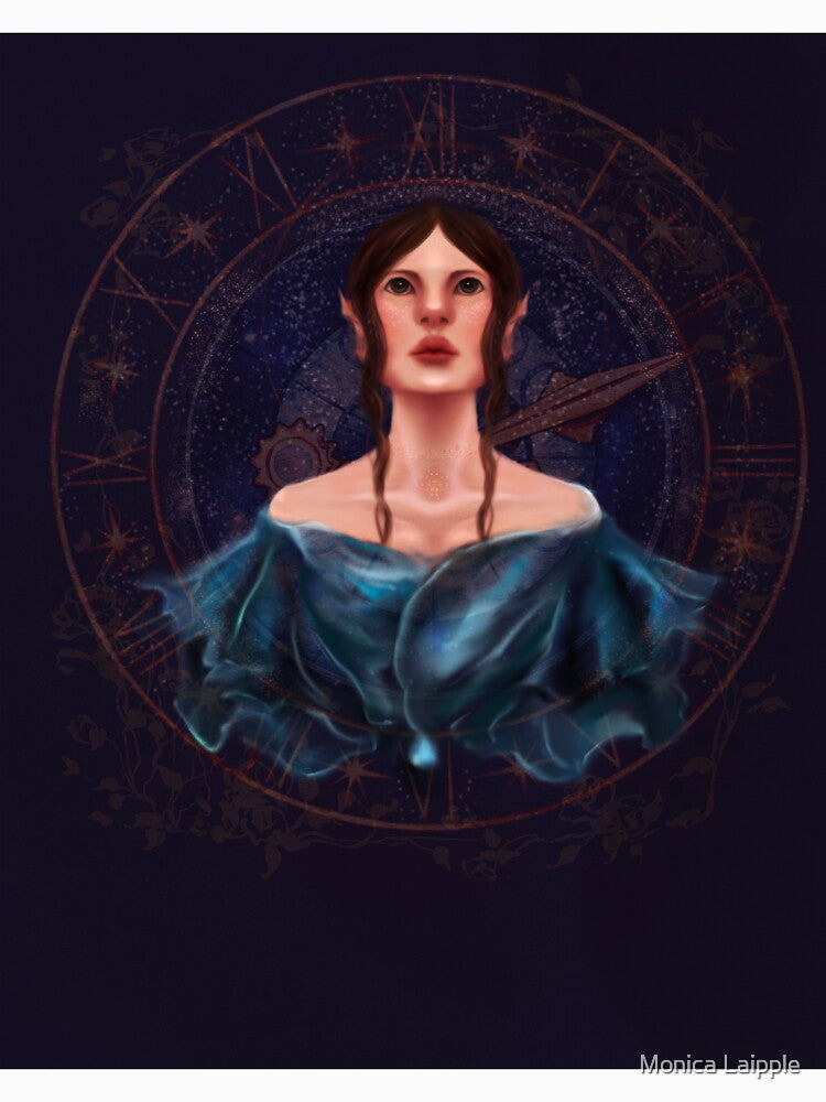 Astrology Goddess In Blue With Cosmic Clock by Monica Laipple
