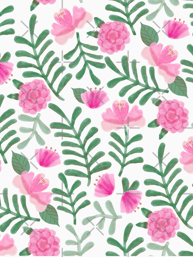 Pink Watercolor Botanical Repeat Pattern Flowers and Leaves by Mag-nificentMag