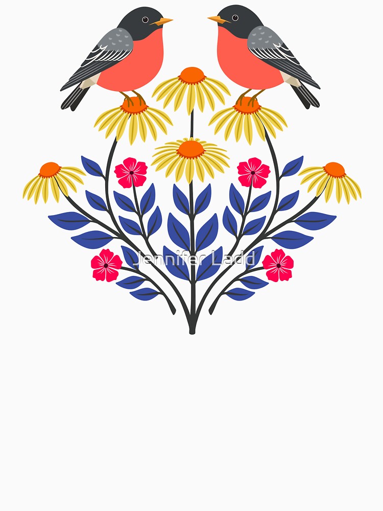 Spring robins and wildflowers on yellow by Jennifer Ladd