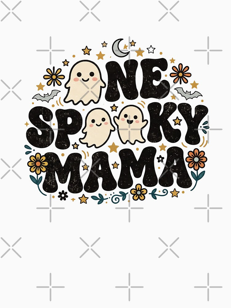 Groovy One Spooky Mama Halloween Ghosts Retro Floral Tee by Ink & Void Co.