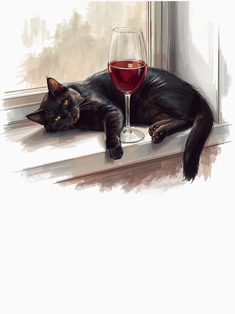 black cat and a glass of wine by Julitasells