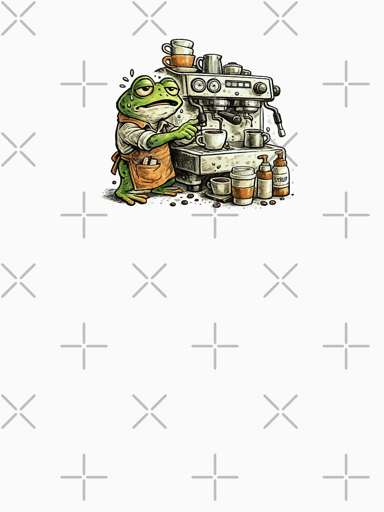 Overwhelmed Frog Barista with Espresso Machine – Editorial Cartoon Ink Cross-Hatch Illustration by OnPointOutfits