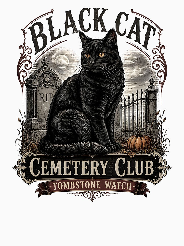 BLACK CAT CEMETERY CLUB Tombstone Watch Halloween Gothic Engraving by BernoNickel