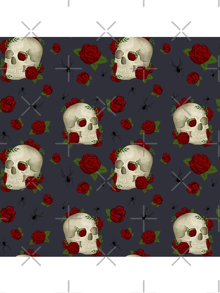 Vintage Dark Academia Skulls, Roses, Spiders with Grey-Blue Background by serafineaandd