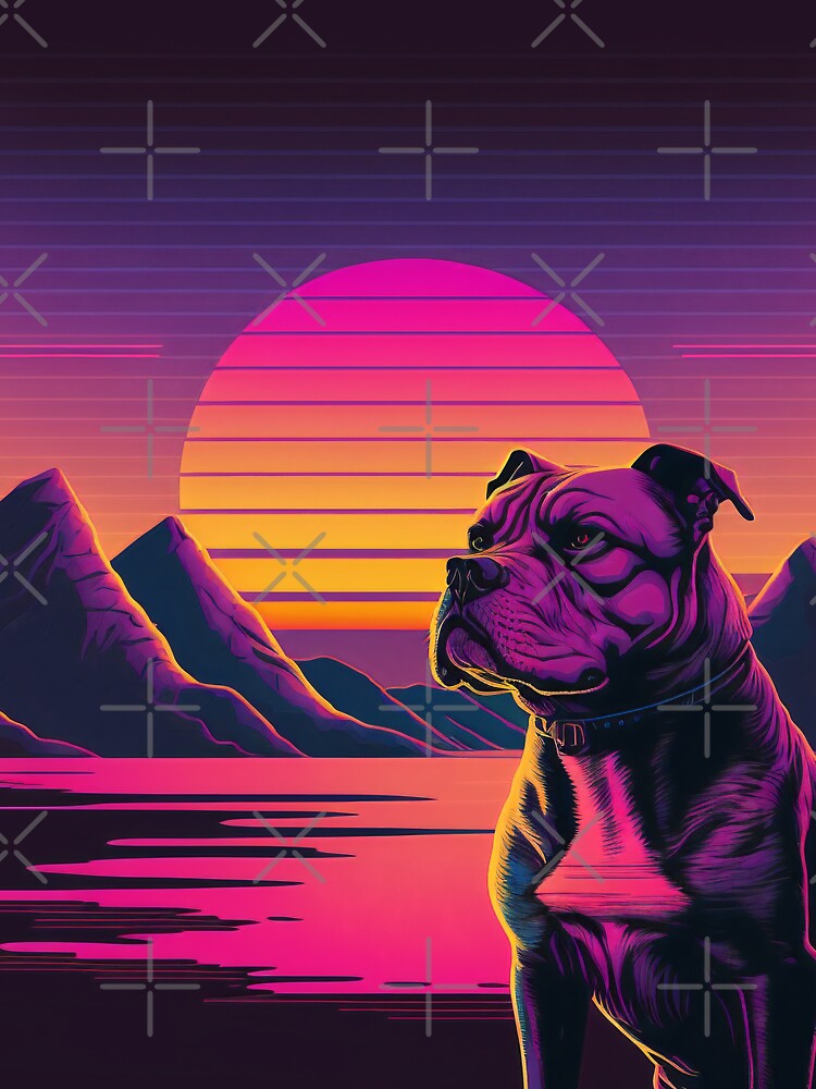 Retro sunset pit bull, 80s retro art, dog lovers, Art deco house - by CreativeHabbit