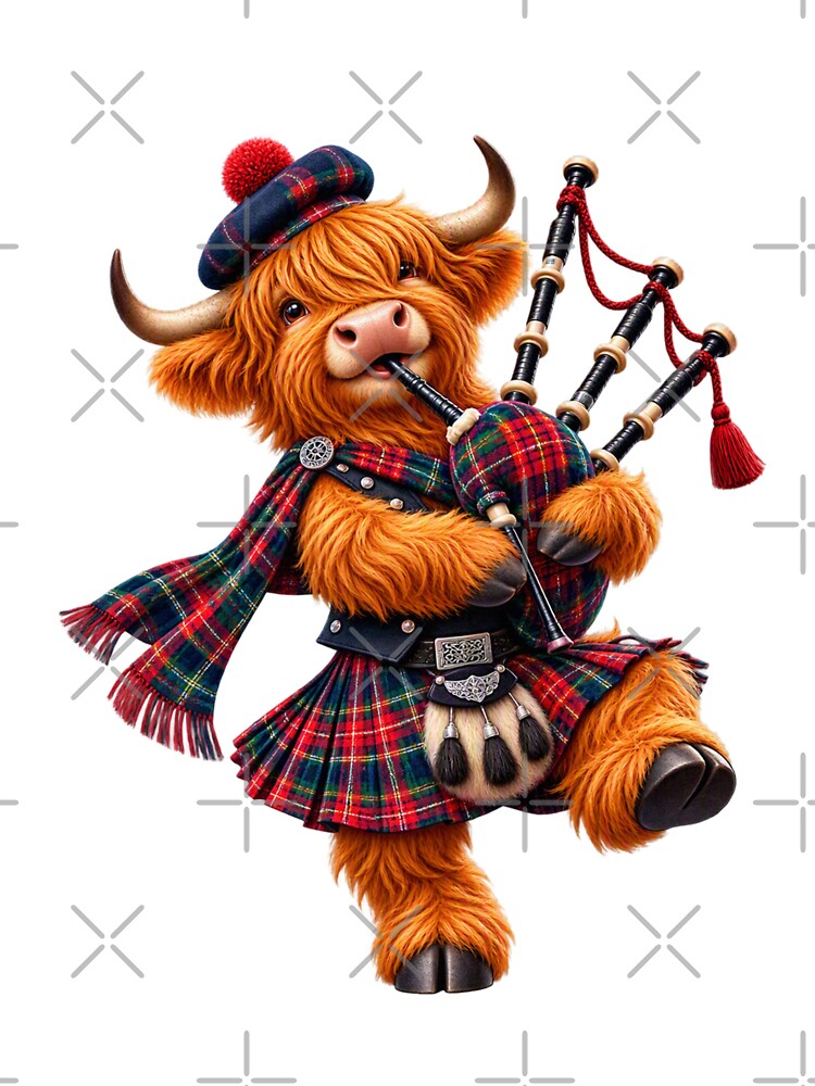 Cute Scottish Highland Cow Bagpiper Playing Traditional Bagpipes by MaedK