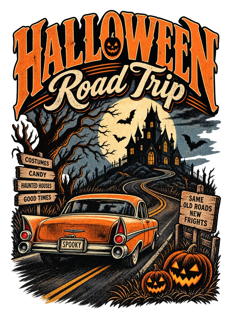 Halloween Road Trip – Retro Vintage Car Haunted House Spooky Halloween Design by RockitBaby