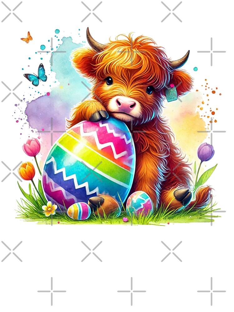 Scottish Highland Cow with Easter Eggs Colorful Watercolor by MaedK