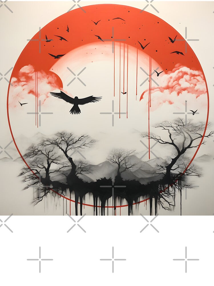minimalist red sun art print, birds by dcrc