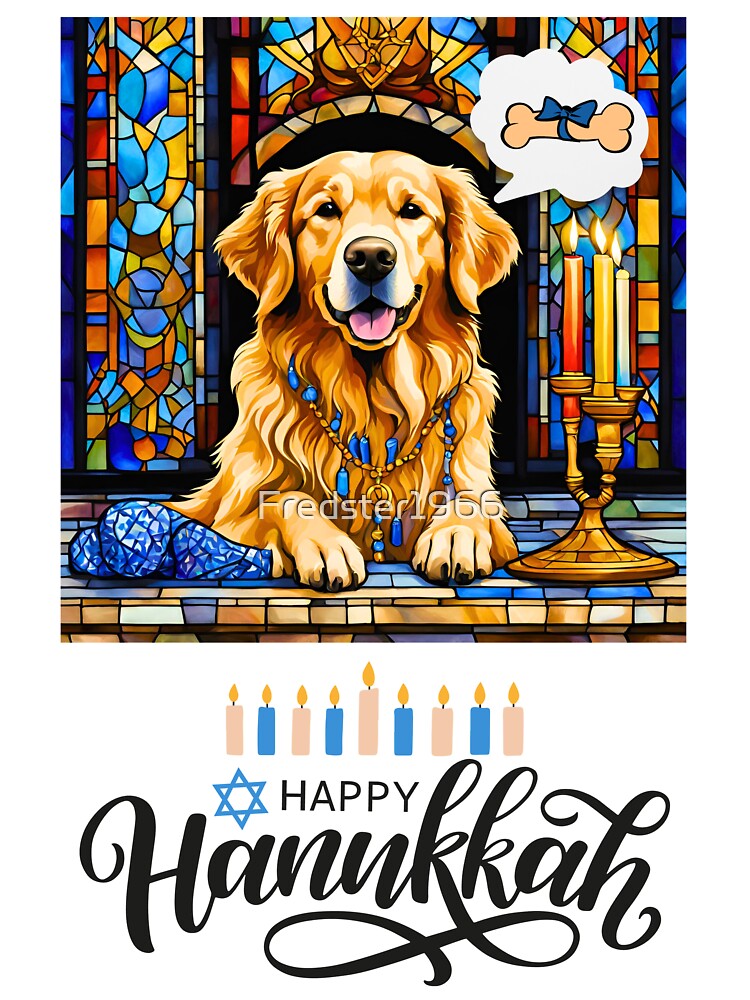 Happy Hanukkah Golden Retriever Dreaming of Gifts – Stained Glass Menorah Design by Fredster1966